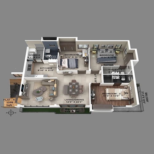 3 BHK floor plan preview, blurred