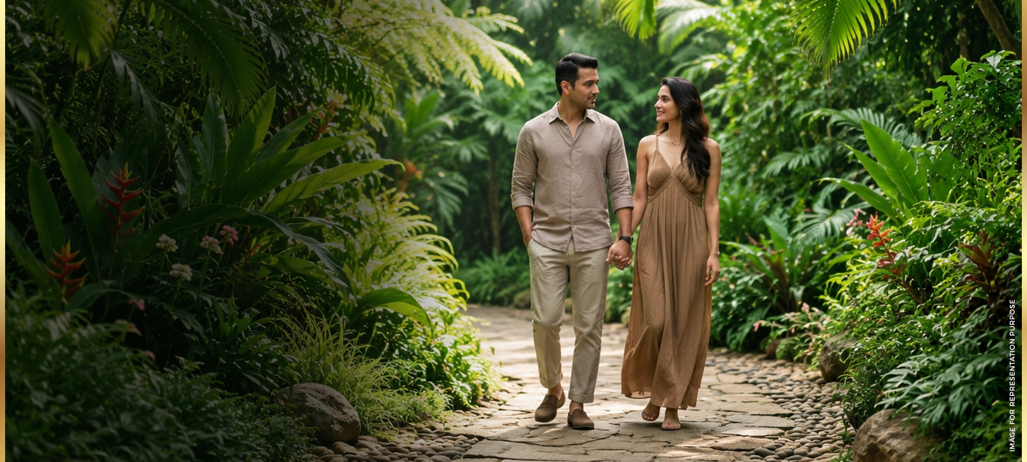 Couple walking hand in hand along a stone path through lush tropical greenery at Arvind Sylva