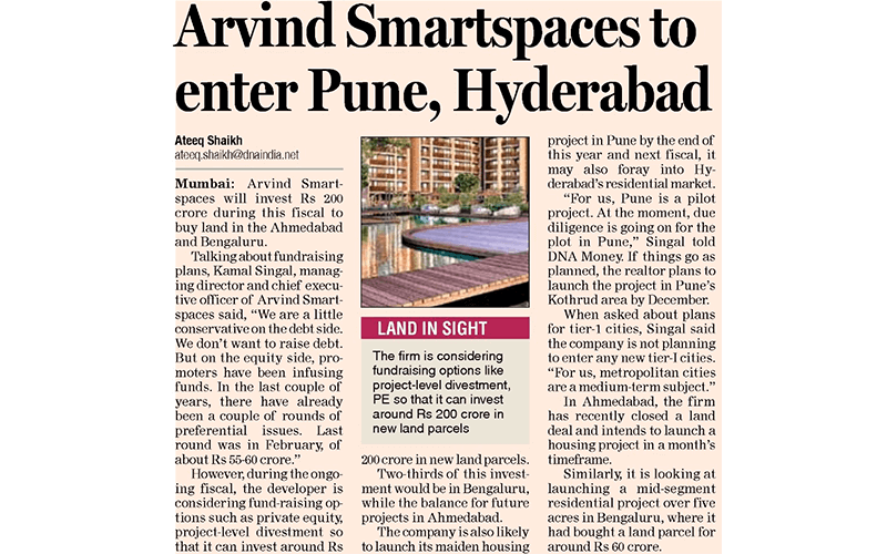 Arvind SmartSpaces to enter Pune, Hyderabad