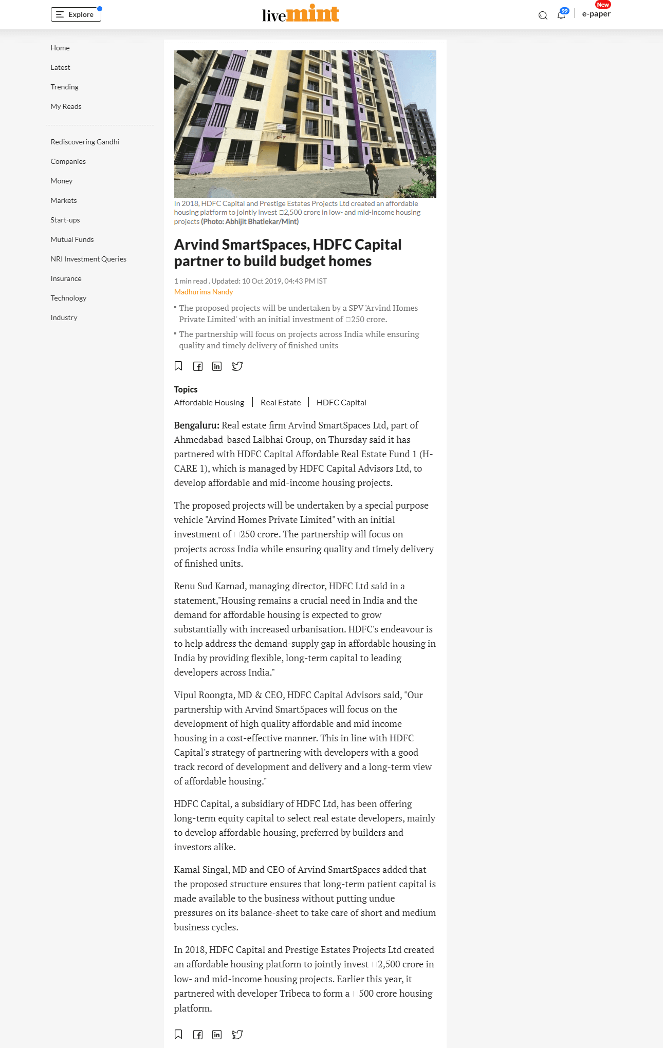 Arvind SmartSpaces, HDFC Capital partner to build budget homes