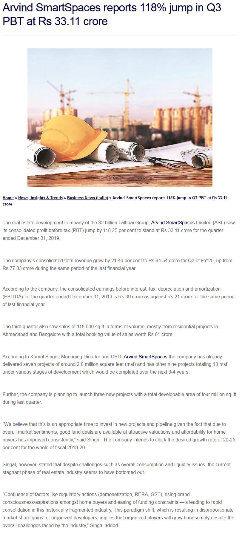 Arvind SmartSpaces reports 118% jump in Q3 PBT at Rs 33.11 crore
