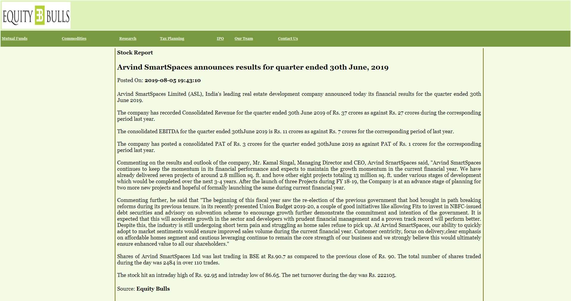 Arvind SmartSpaces announces results for quarter ended 30th June, 2019