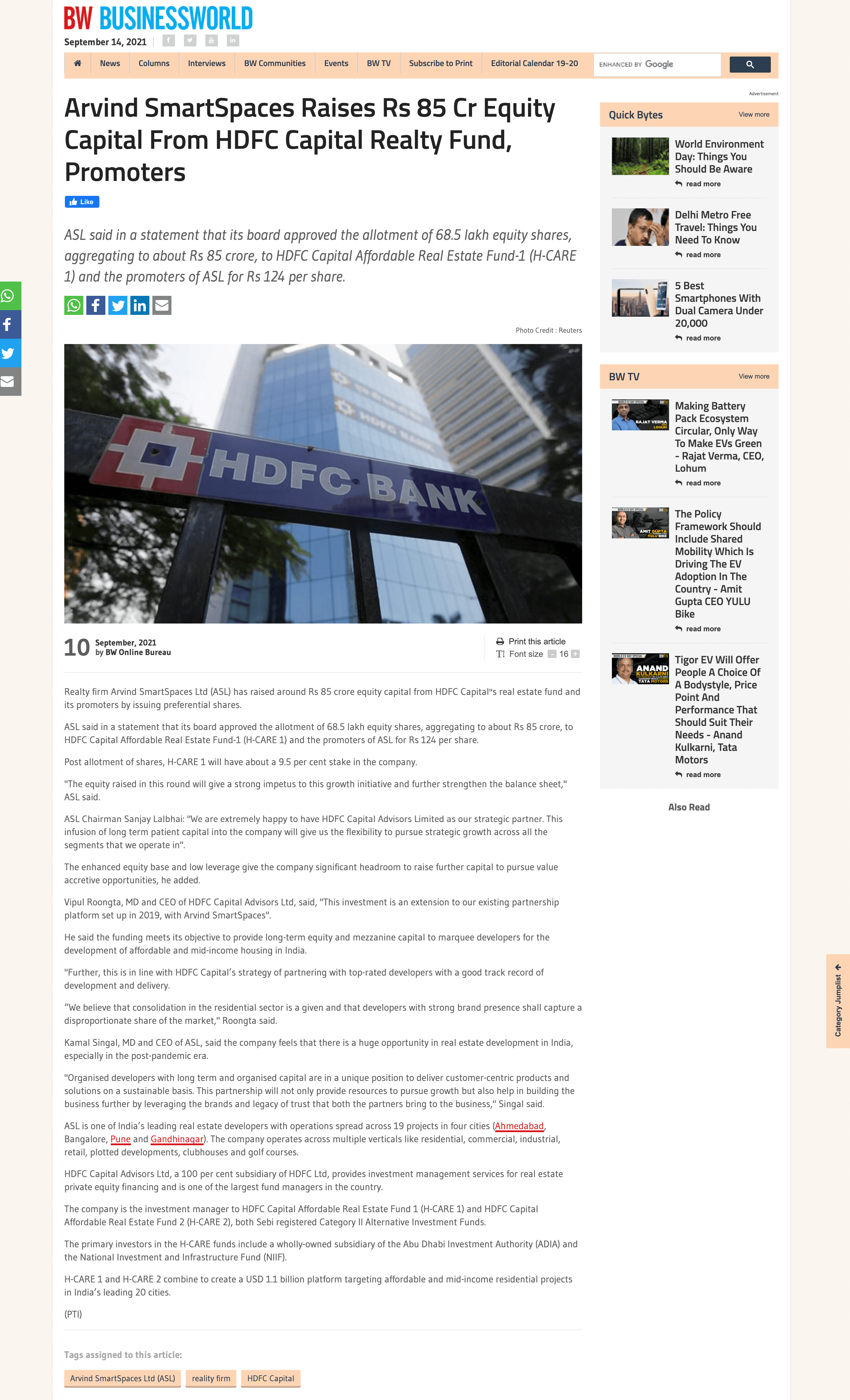 Arvind SmartSpaces Raises Rs 85 Cr Equity Capital From HDFC Capital Realty Fund, Promoters