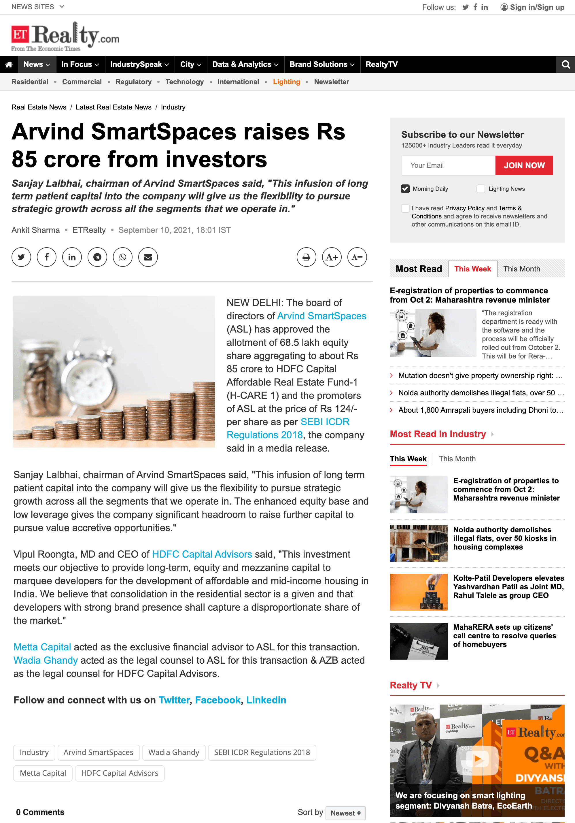 Arvind SmartSpaces raises Rs 85 crore from investors