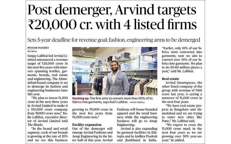 Post demerger, Arvind targets ₹20,000 cr. with 4 listed firms