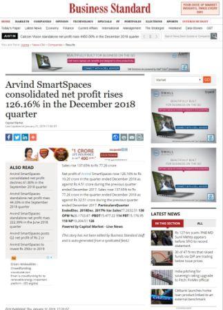 Arvind SmartSpaces consolidated net profit rises 126.16% in the December 2018 quarter