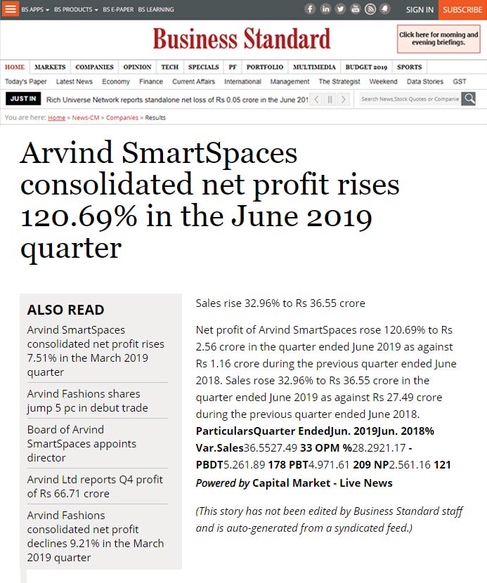 Arvind SmartSpaces consolidated net profit rises 120.69% in the June 2019 quarter