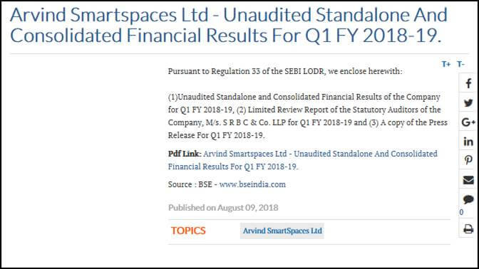 Arvind Smartspaces Ltd – Unaudited Standalone And Consolidated Financial Results For Q1 FY 2018-19.