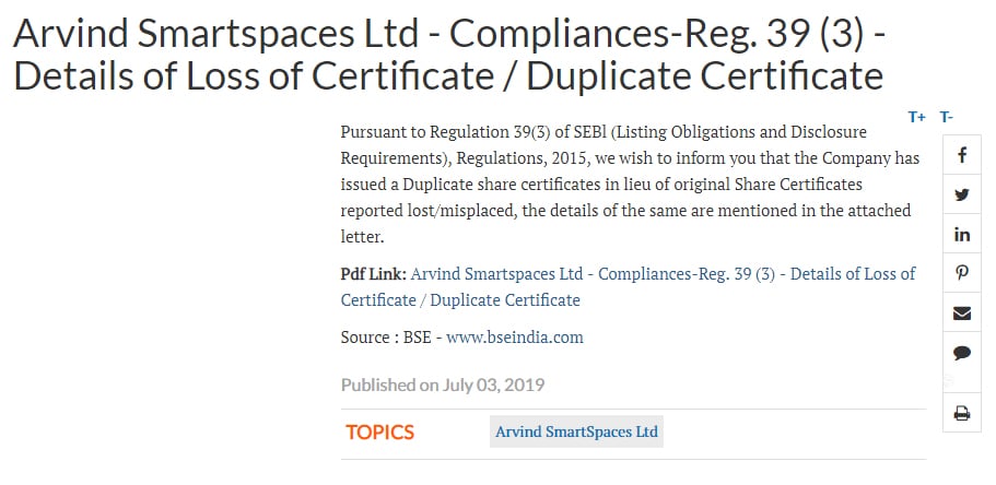 Arvind Smartspaces Ltd – Compliances-Reg. 39 (3) – Details of Loss of Certificate / Duplicate Certificate