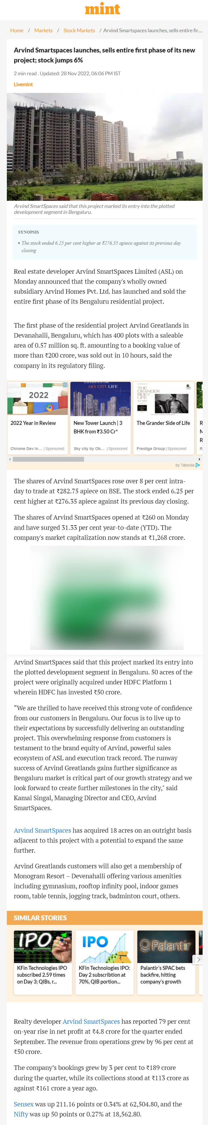 Arvind Smartspaces launches, sells entire first phase of its new project; stock jumps 6%