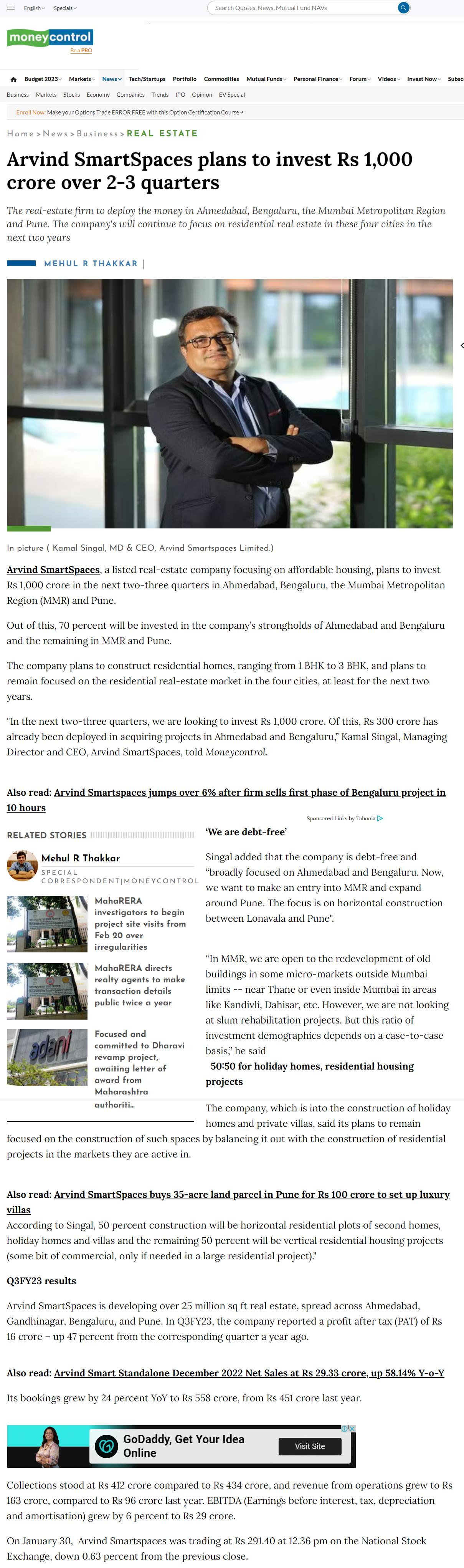 Arvind SmartSpaces plans to invest Rs 1,000 crore over 2-3 quarters