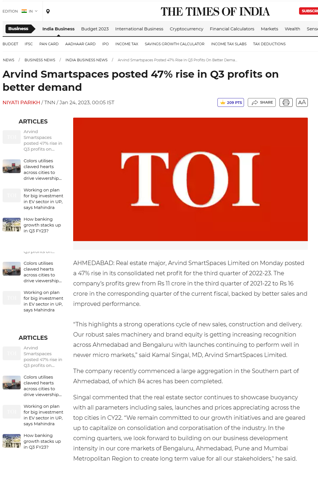 Arvind Smartspaces posted 47% rise in Q3 profits on better demand