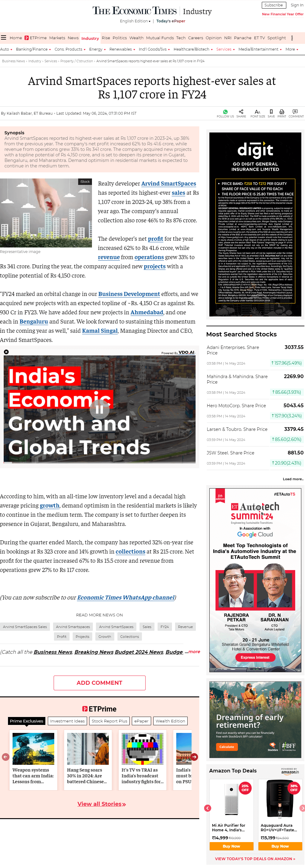 Arvind SmartSpaces reports highest-ever sales at Rs 1,107 crore in FY24