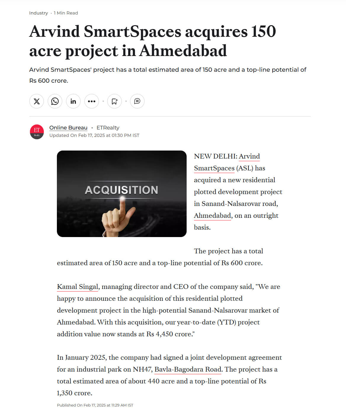 Arvind SmartSpaces acquires 150 acre project in Ahmedabad